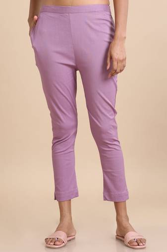 Hassu's women lilac cotton solid slim fit ankle length pants
