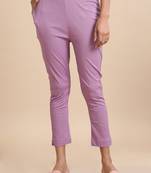 Hassu's women lilac cotton solid slim fit ankle length pants
