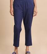 Hassu's women navy cotton solid regular fit ankle length pants