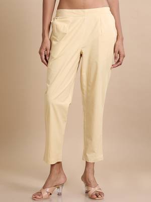 Hassu's women beige cotton solid regular fit ankle length pants 1