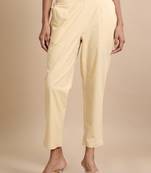 Hassu's women beige cotton solid regular fit ankle length pants