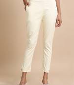 Hassu's women cream cotton solid slim fit ankle length pants