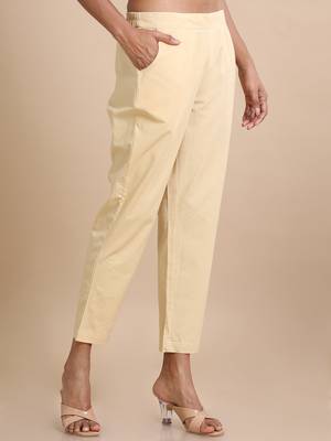 Hassu's women beige cotton solid regular fit ankle length pants 2