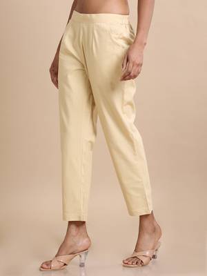 Hassu's women beige cotton solid regular fit ankle length pants 3