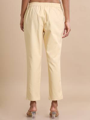 Hassu's women beige cotton solid regular fit ankle length pants 4