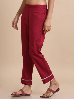 Hassu's women maroon cotton solid regular fit ankle length pants 3