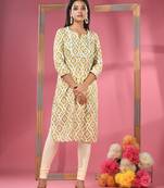 Sap green & white printed cotton kurta