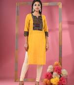 Yellow cotton straight kurta with printed patchwork