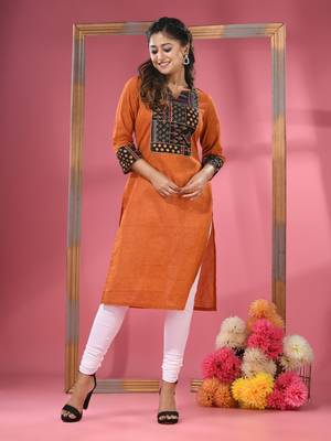 Rust cotton straight kurta with printed patchwork 1