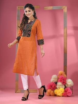 Rust cotton straight kurta with printed patchwork 2