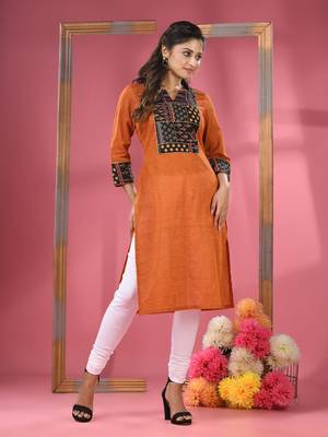 Rust cotton straight kurta with printed patchwork 3