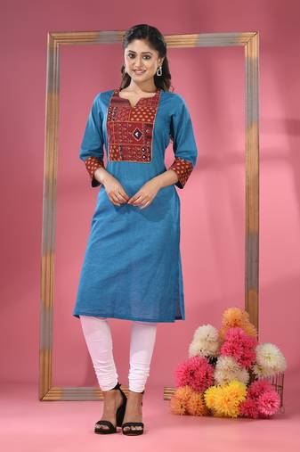 Sapphire blue cotton straight kurta with printed patchwork