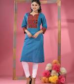 Sapphire blue cotton straight kurta with printed patchwork