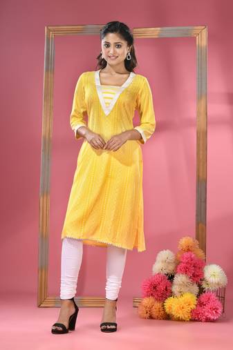Yellow printed cotton kurta with gota patti lace