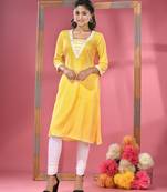 Yellow printed cotton kurta with gota patti lace