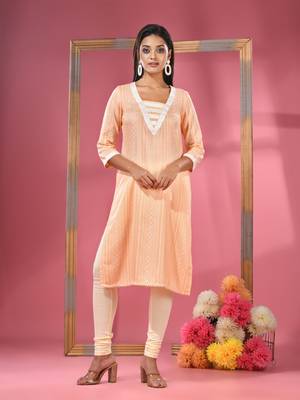 Peach printed cotton kurta with gota patti lace 1