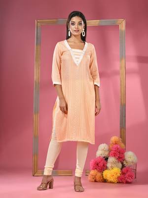 Peach printed cotton kurta with gota patti lace 2