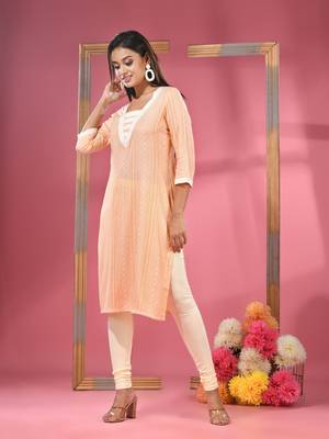 Peach printed cotton kurta with gota patti lace 3