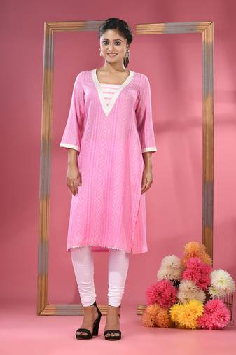 Pink printed cotton kurta with gota patti lace