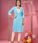Sky blue printed cotton kurta with gota patti lace