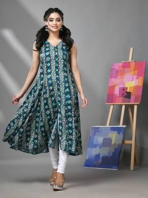 Teal rayon kurta with ethnic prints 1