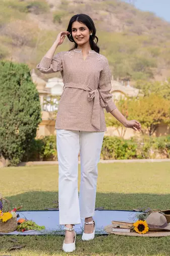 weaved cotton checks printed top with embroidery