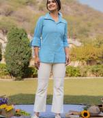 sky blue cotton checks printed top with embroidery