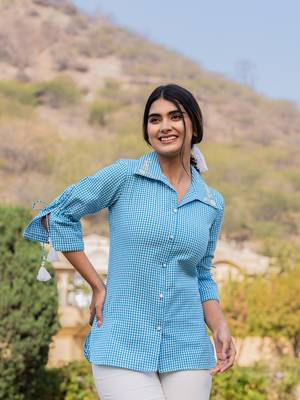  sky blue cotton checks printed top with embroidery 2