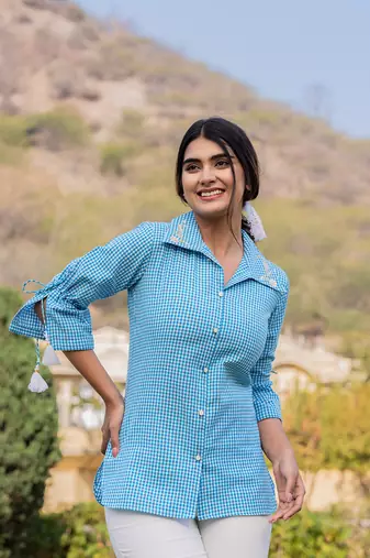  sky blue cotton checks printed top with embroidery