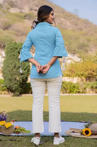  sky blue cotton checks printed top with embroidery