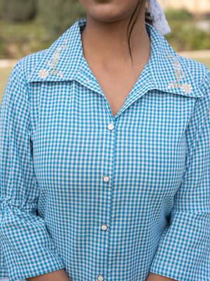  sky blue cotton checks printed top with embroidery 4