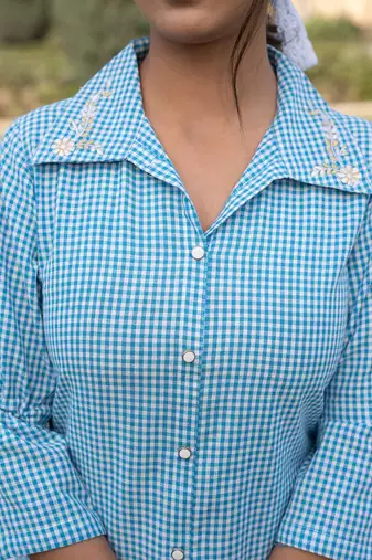  sky blue cotton checks printed top with embroidery