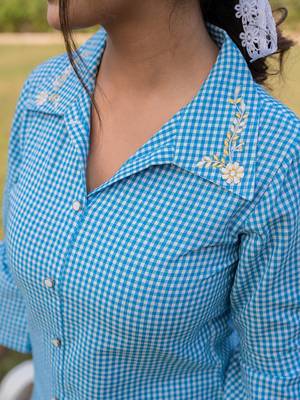  sky blue cotton checks printed top with embroidery 5