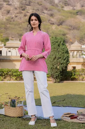  weaved cotton checks printed top with embroidery