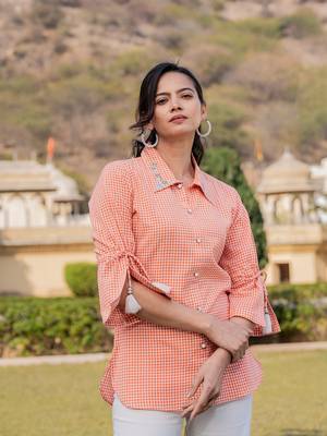  weaved cotton checks printed top with embroidery 1