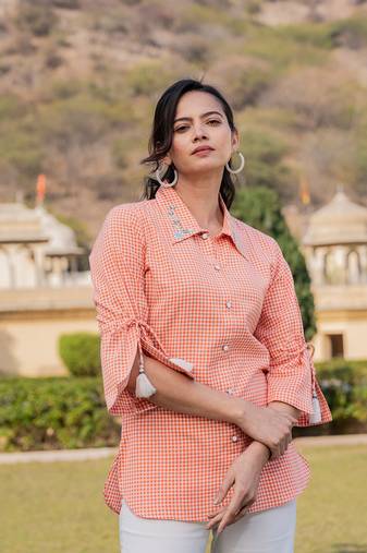  weaved cotton checks printed top with embroidery