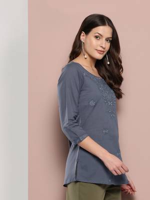  grey chikankari striped regular top 2