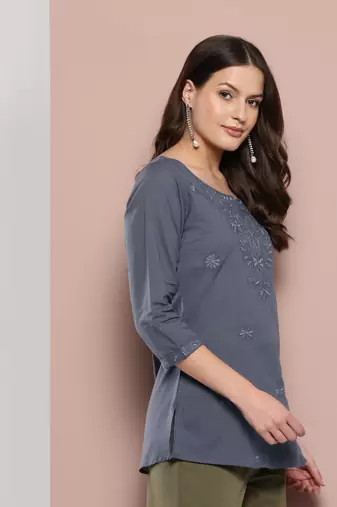  grey chikankari striped regular top
