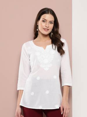  white chikankari striped regular top 1