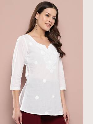  white chikankari striped regular top 2