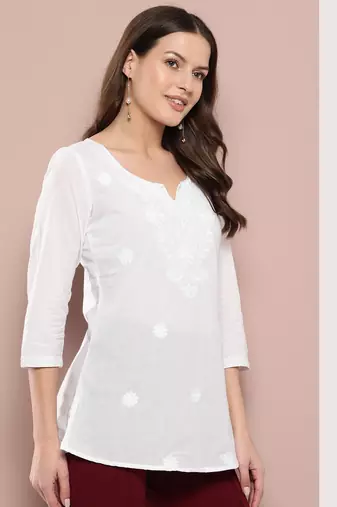  white chikankari striped regular top