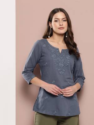  grey chikankari striped regular top 5