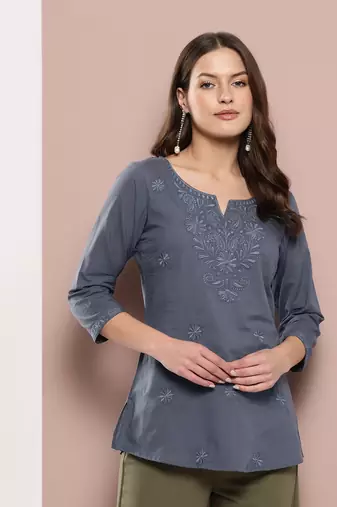  grey chikankari striped regular top