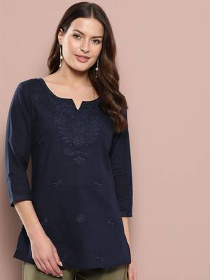 blue chikankari striped regular top 1