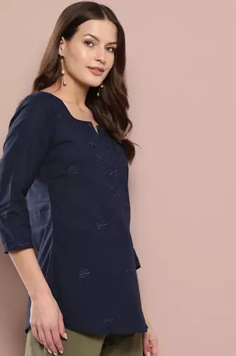  blue chikankari striped regular top