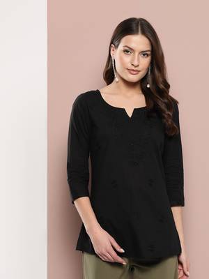  black chikankari striped regular top 1