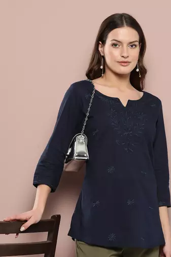  blue chikankari striped regular top