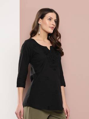  black chikankari striped regular top 2
