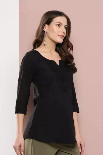  black chikankari striped regular top