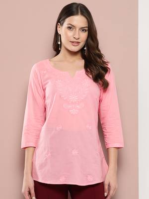  peach chikankari striped regular top 1